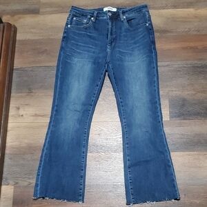 Mica Blue Flare Wide Leg Cropped Jeans with Subtle Fading